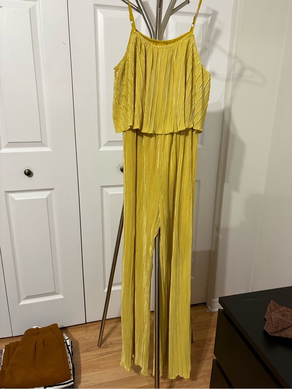 Cider Yellow Pleated Spaghetti-Strap Jumpsuit